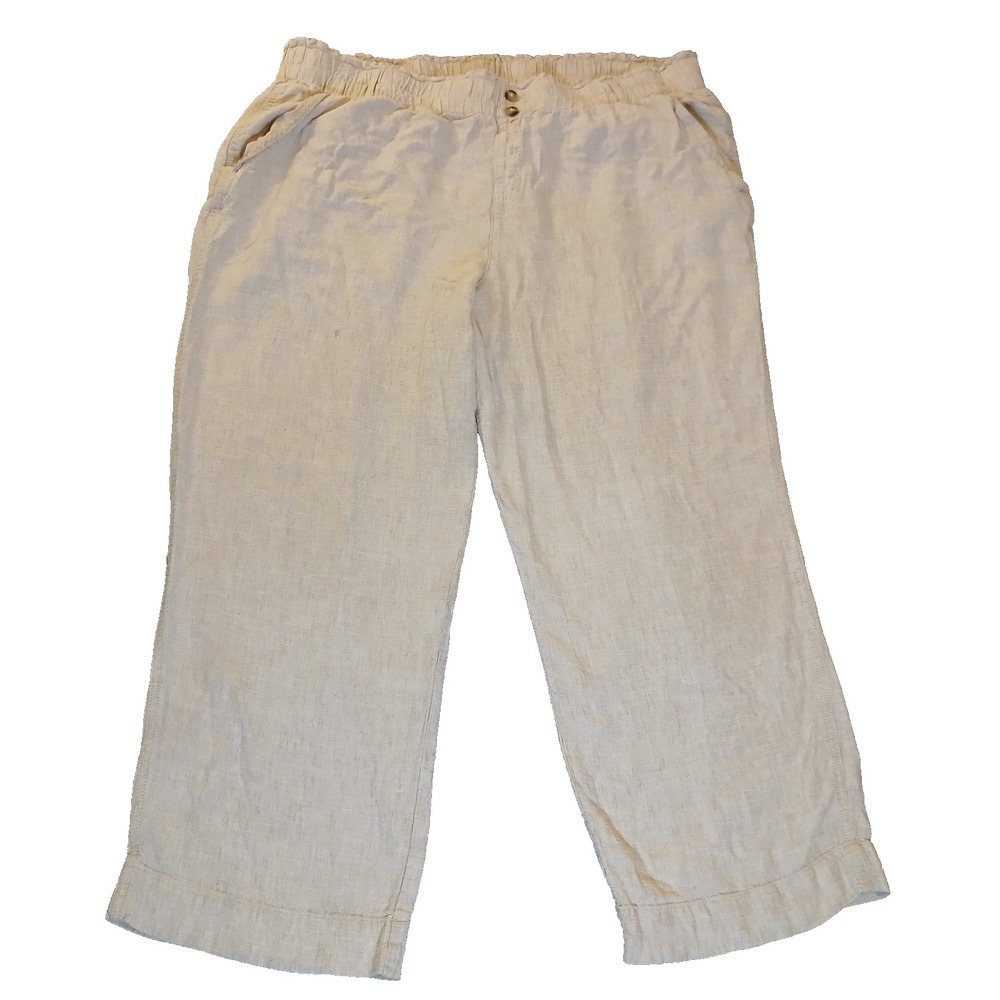 Briggs Linen Blend Pants‎ Beige Elastic Paperbag Waist Straight Leg Womens XXL